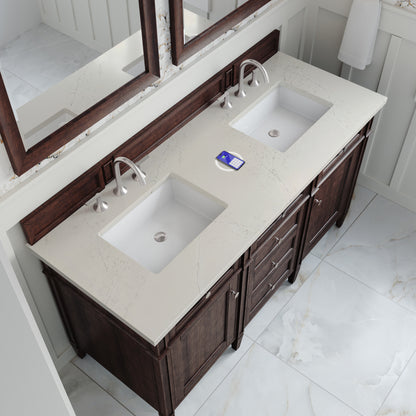 James Martin Vanities Brittany 60" Burnished Mahogany Double Vanity With 3 CM Siberian Silestone Top and FreePower Wireless Charger