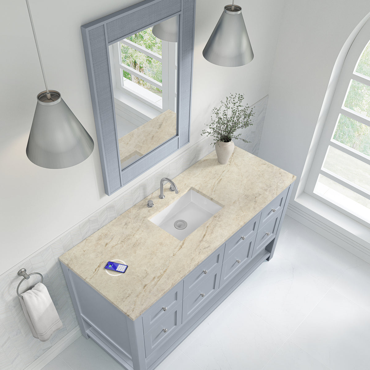 James Martin Vanities Breckenridge 60" Serenity Blue Single Vanity With 3cm Tajnar Eclos Top and FreePower Wireless Charger