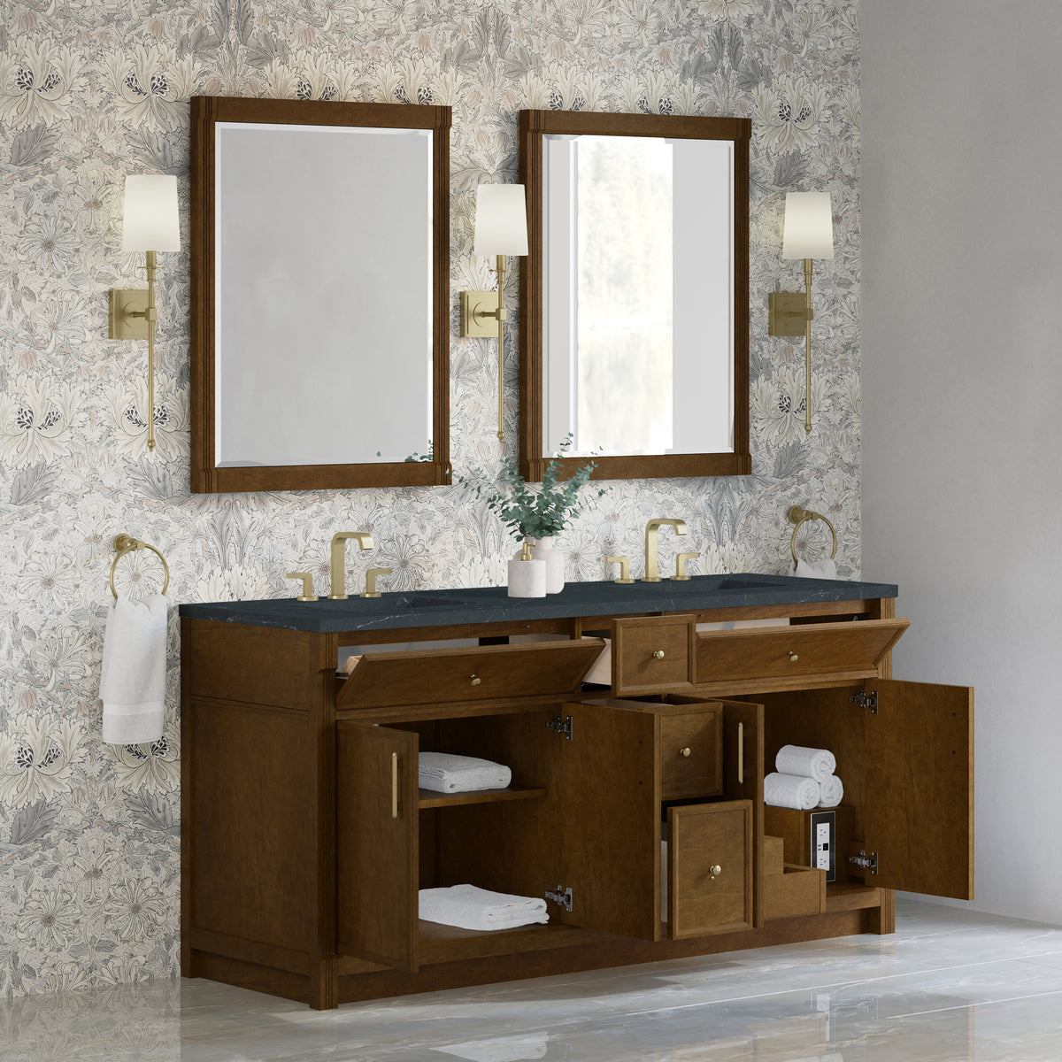 James Martin Vanities Bellshire 72" Honey Oak Double Vanity With 3 CM Charcoal Soapstone Silestone Top
