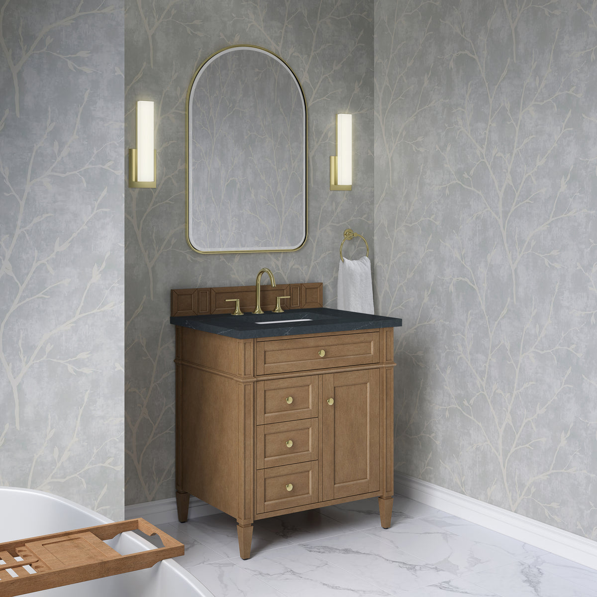 James Martin Vanities Brittany 30" Pecan Single Vanity With 3 CM Charcoal Soapstone Silestone Top