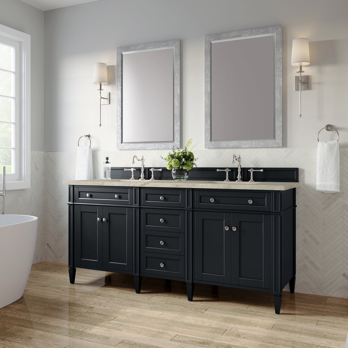 James Martin Vanities Brittany 72" Black Onyx Double Vanity With 3 CM Tajnar Eclos Top and FreePower Wireless Charger