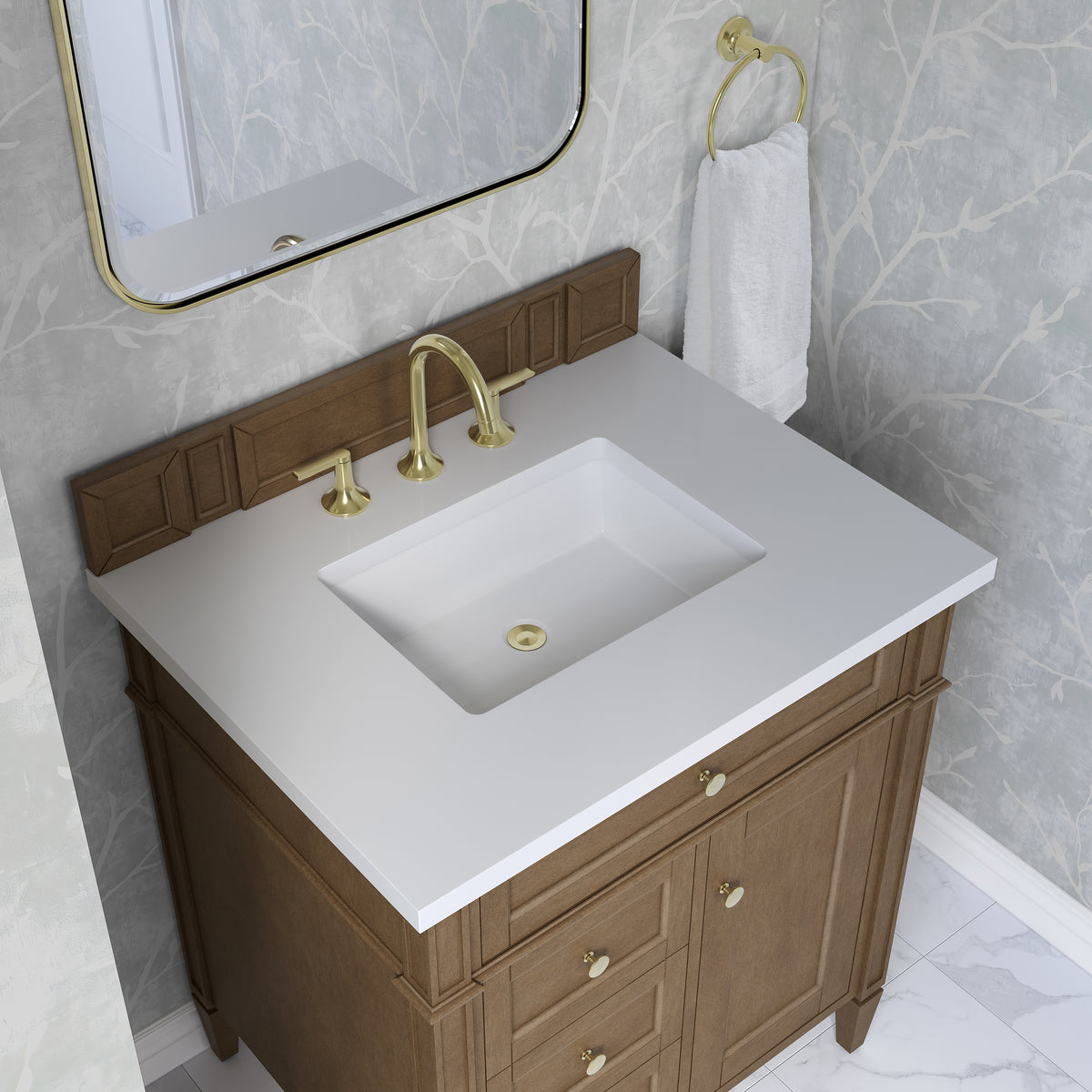 James Martin Vanities Brittany 30" Pecan Single Vanity With 3 CM White Zeus Silestone Top