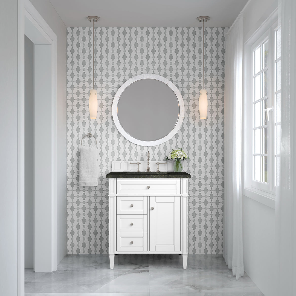 James Martin Vanities Brittany 30" Bright White Single Vanity With 3 CM Phantome Eclos Top