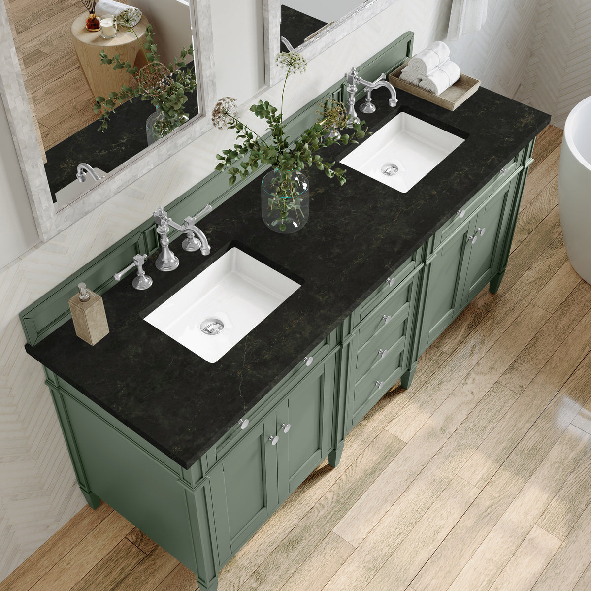 James Martin Vanities Brittany 72" Smokey Celadon Double Vanity With 3 CM Phantome Eclos Top