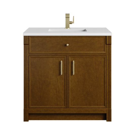 James Martin Vanities Bellshire 36" Honey Oak Single Vanity With Single Hole 3 CM White Zeus Silestone Top and Matching Backsplash