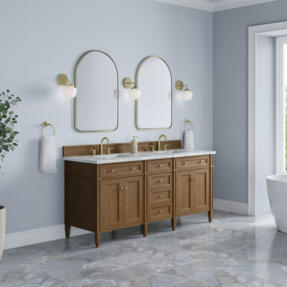 James Martin Vanities Brittany 72" Pecan Double Vanity With 3 CM Carrara Marble Top