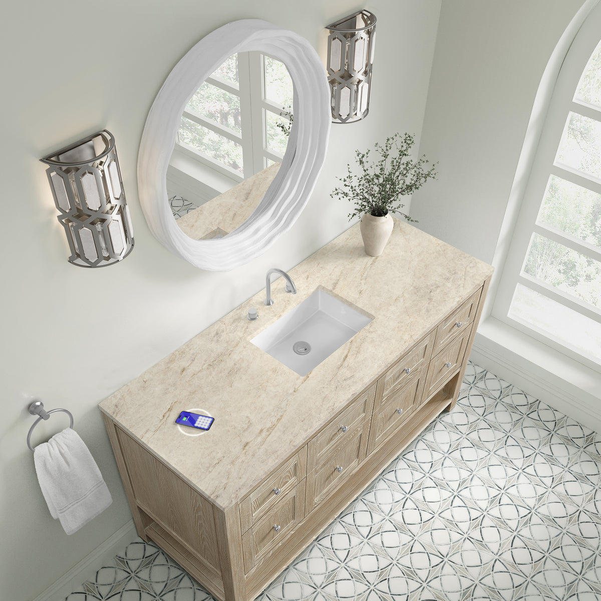 James Martin Vanities Breckenridge 60" Whitewashed Oak Single Vanity With 3cm Tajnar Eclos Top and FreePower Wireless Charger