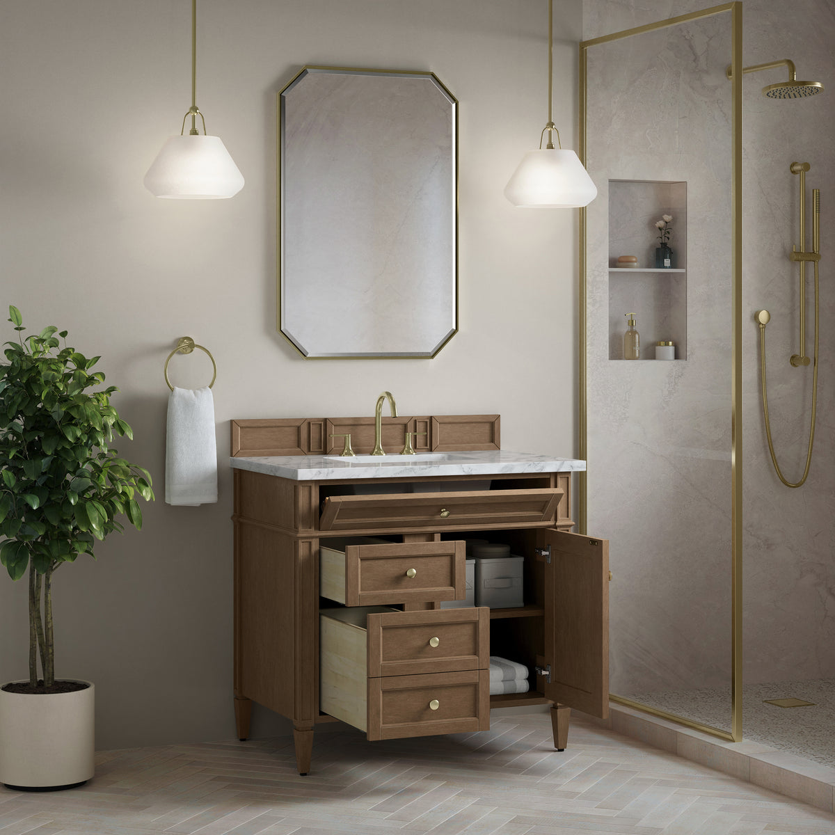 James Martin Vanities Brittany 36" Pecan Single Vanity With 3 CM Carrara Marble Top