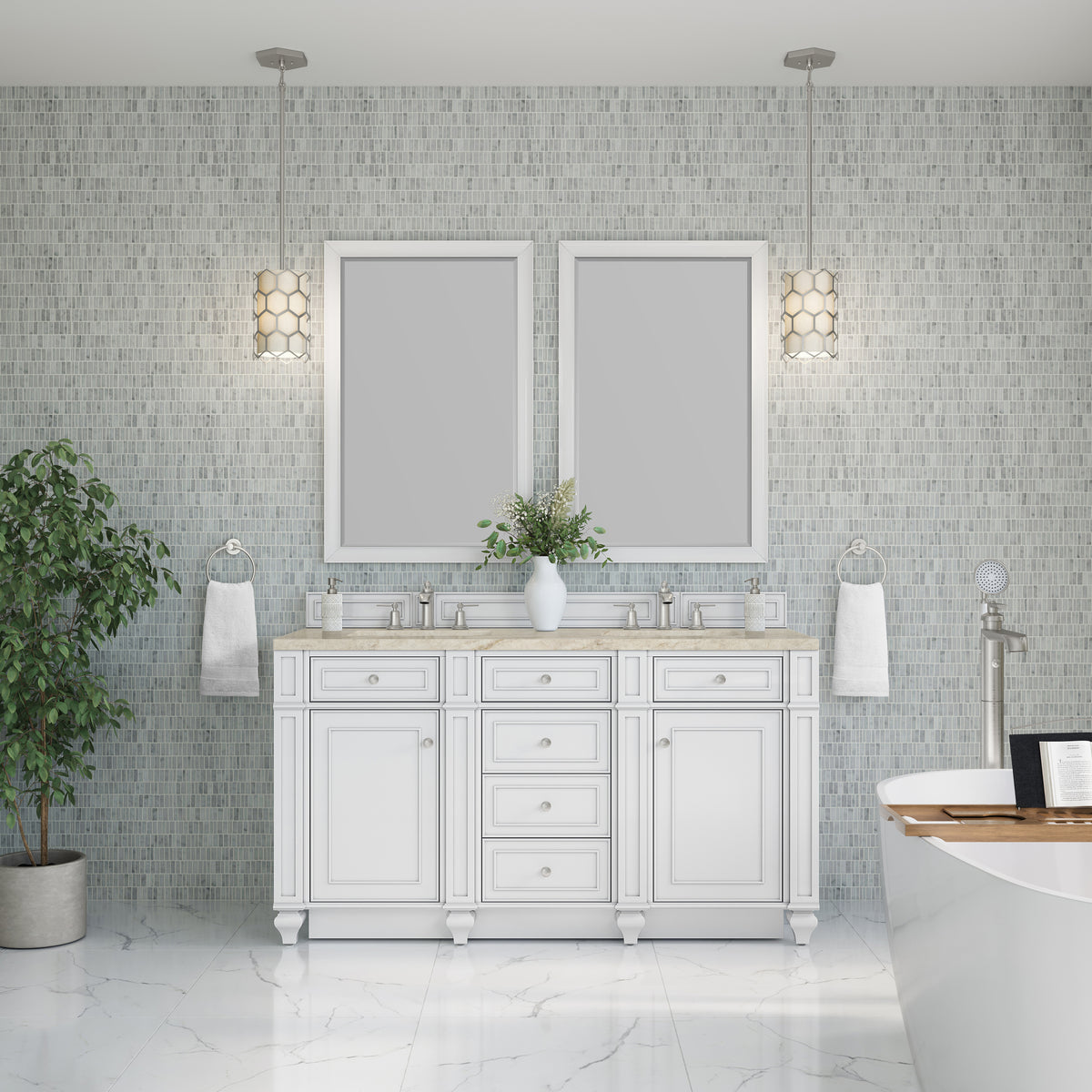James Martin Vanities Bristol 60" Bright White Double Vanity With 3 CM Tajnar Eclos Top