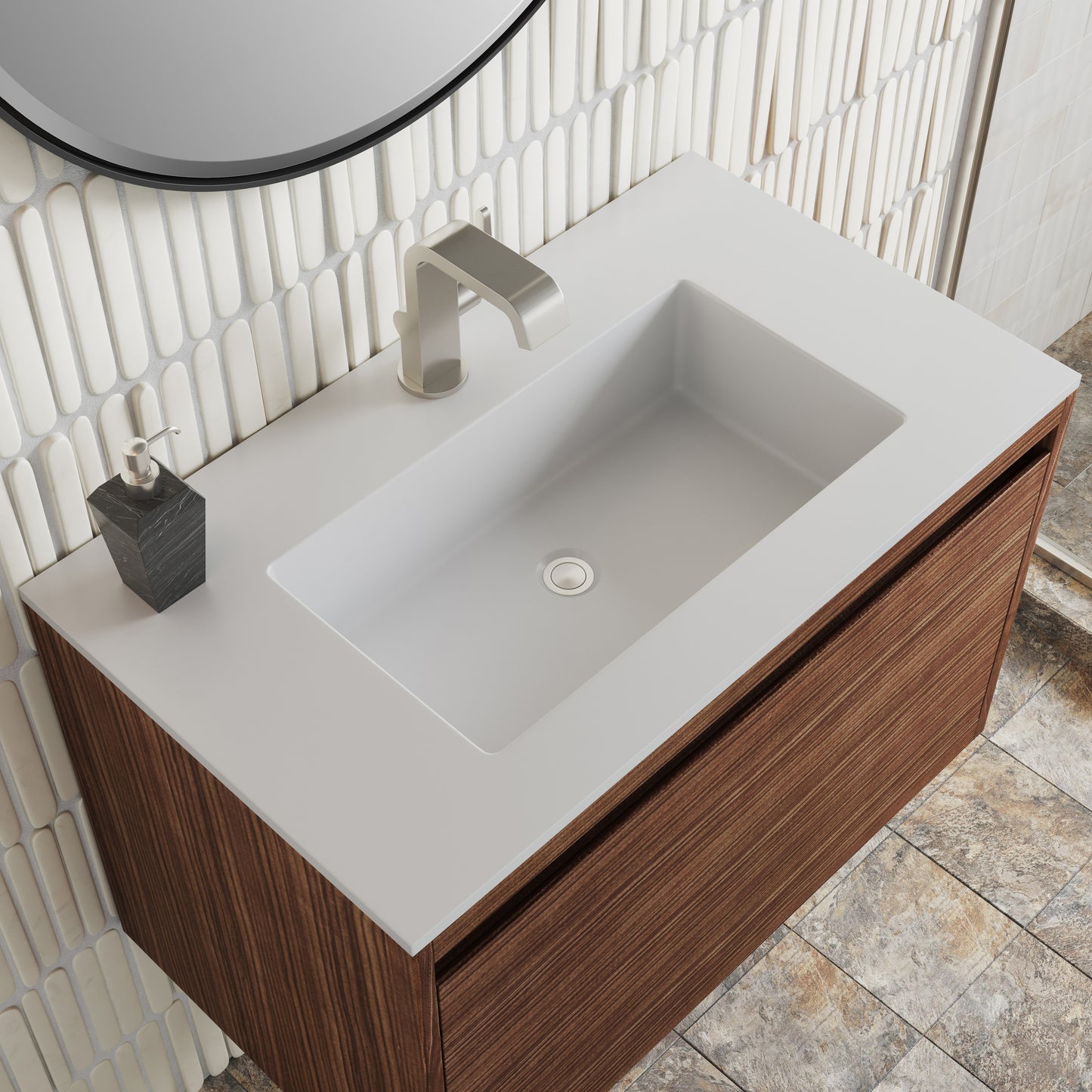 James Martin Vanities Mantova 31.5" Mid-Century Walnut Single Vanity With Glossy White Composite Stone Top