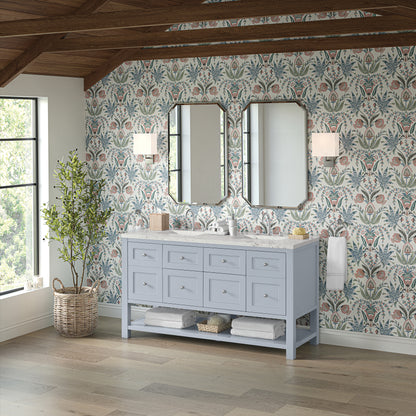 James Martin Vanities Breckenridge 60" Serenity Blue Double Vanity With 3cm Victorian Silver Quartz Top and FreePower Wireless Charger