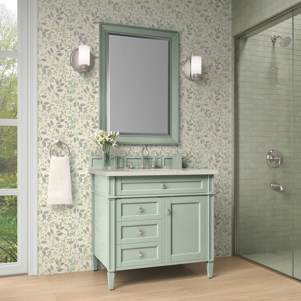 James Martin Vanities Brittany 36" Sage Green Single Vanity With 3 CM Siberian Silestone Top
