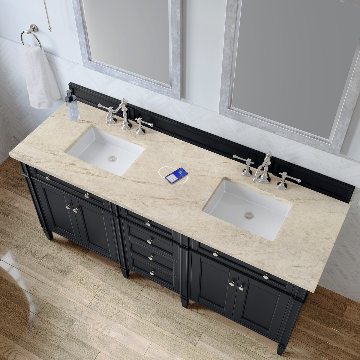 James Martin Vanities Brittany 72" Black Onyx Double Vanity With 3 CM Tajnar Eclos Top and FreePower Wireless Charger