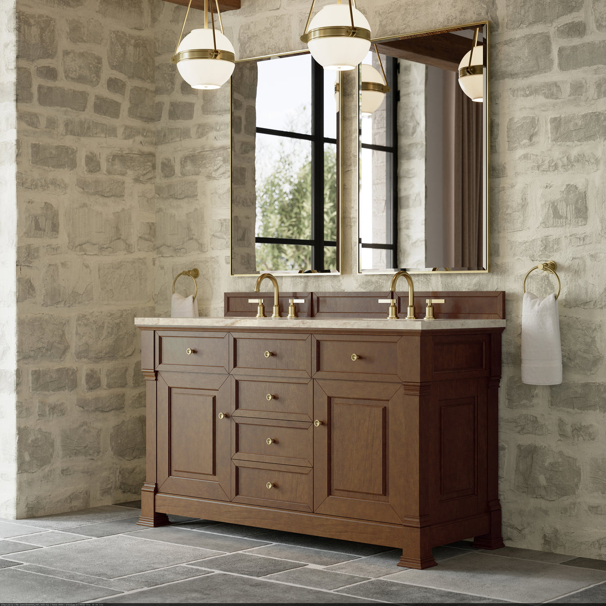 James Martin Vanities Brookfield 60" Honey Oak Double Vanity With 3 CM Tajnar Eclos Top