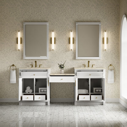 James Martin Vanities Bellshire 84" Bright White Dual Vanity Set With 3 cm Tajnar Eclos Top and 24" Make-Up Counter