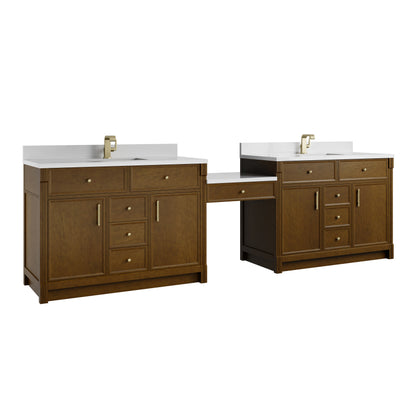 James Martin Vanities Bellshire 120" Honey Oak Dual Vanity Set WithSingle Hole 3 cm White Zeus Silestone Top & Backsplash and 24" Make-Up Counter