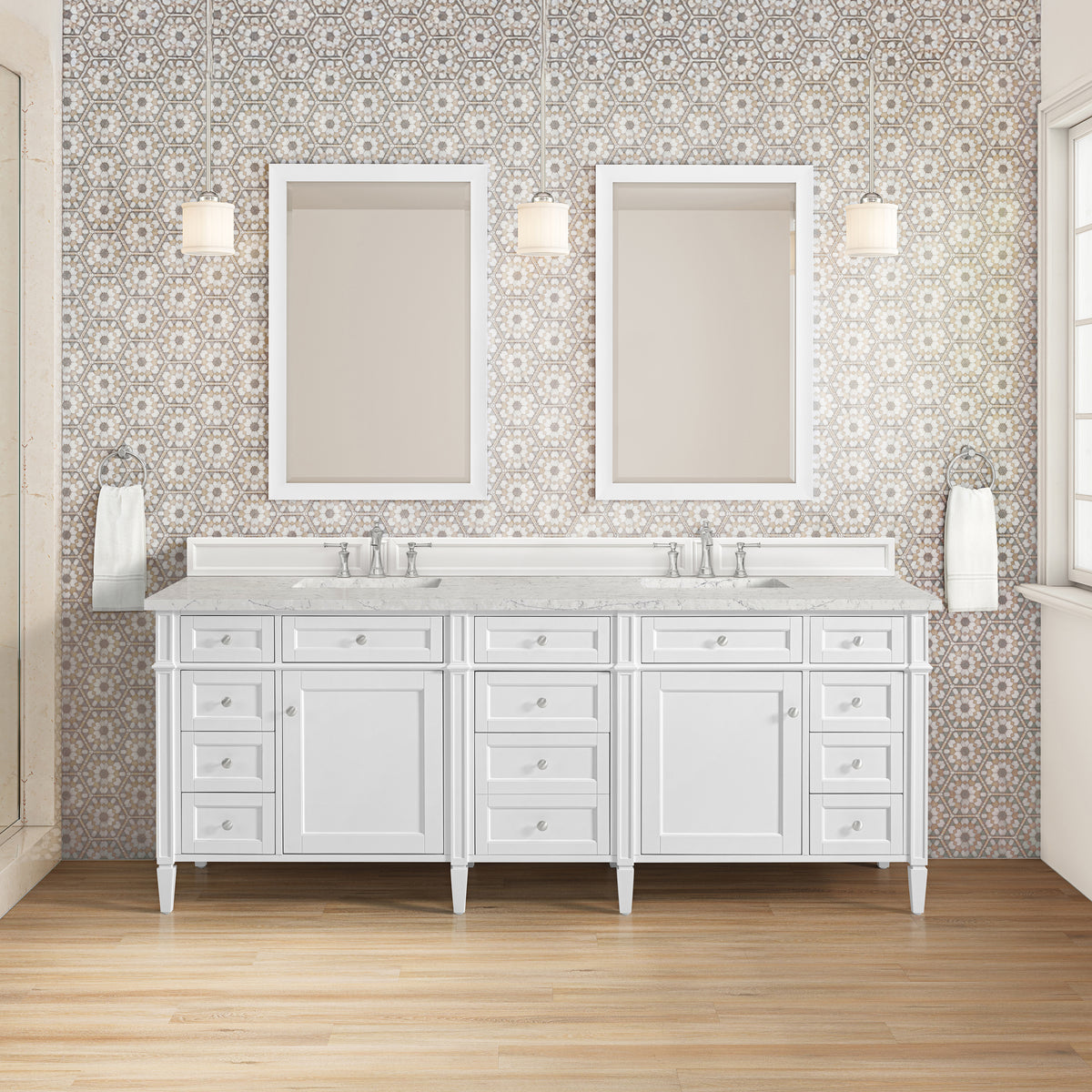 James Martin Vanities Brittany 84" Bright White Double Vanity With 3 CM Eternal Jasmine Pearl Top and FreePower Wireless Charger