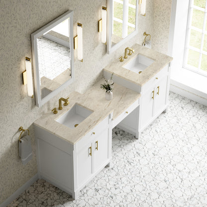 James Martin Vanities Bellshire 84" Bright White Dual Vanity Set With 3 cm Tajnar Eclos Top and 24" Make-Up Counter