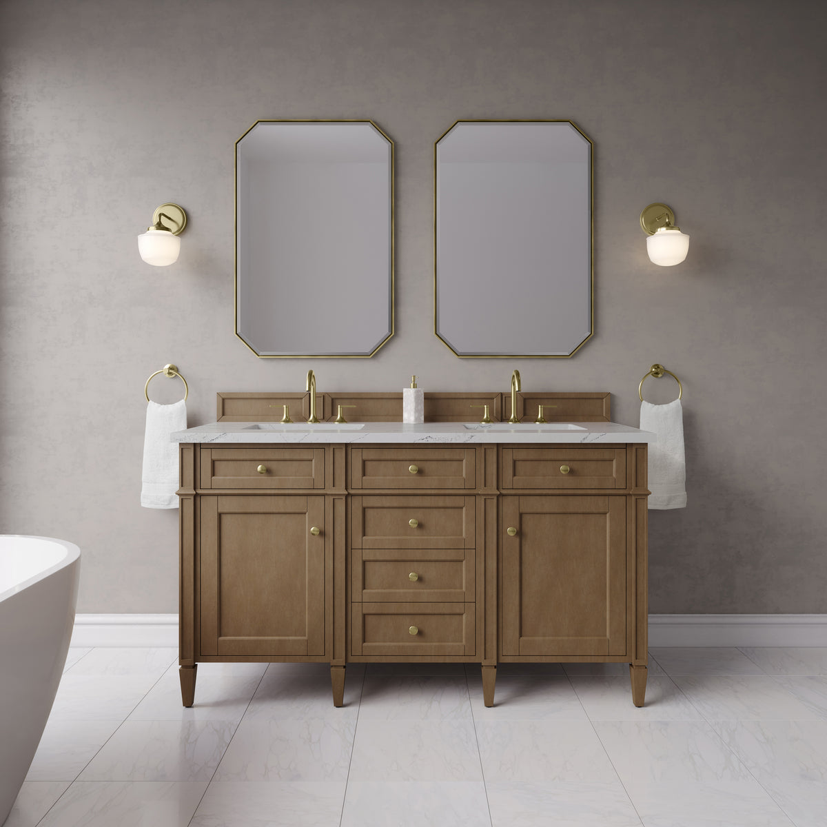 James Martin Vanities Brittany 60" Pecan Double Vanity With 3 CM Ethereal Noctis Silestone Top and FreePower Wireless Charger