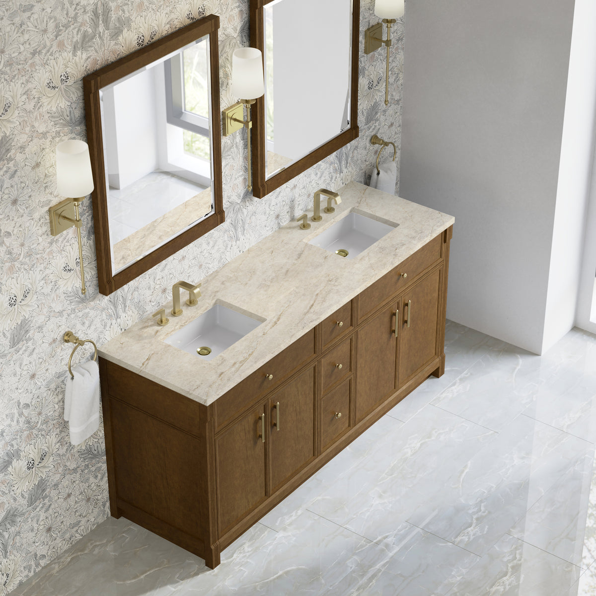 James Martin Vanities Bellshire 72" Honey Oak Double Vanity With 3 CM Tajnar Eclos Top
