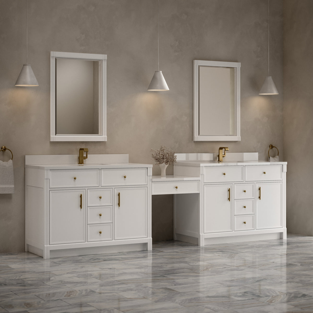James Martin Vanities Bellshire 120" Bright White Dual Vanity Set With Single Hole 3 cm White Zeus Silestone Top, Backsplash and 24" Make-Up Counter