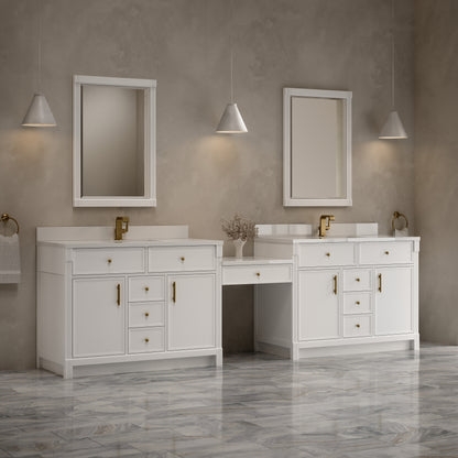 James Martin Vanities Bellshire 120" Bright White Dual Vanity Set With Single Hole 3 cm White Zeus Silestone Top, Backsplash and 24" Make-Up Counter