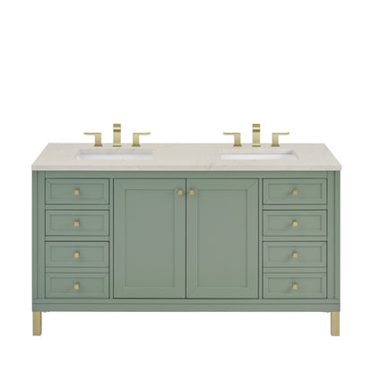 James Martin Vanities Chicago 60" Smokey Celadon Double Vanity With 3 CM Siberian Silestone Top and FreePower Wireless Charger