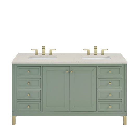 James Martin Vanities Chicago 60" Smokey Celadon Double Vanity With 3 CM Siberian Silestone Top and FreePower Wireless Charger