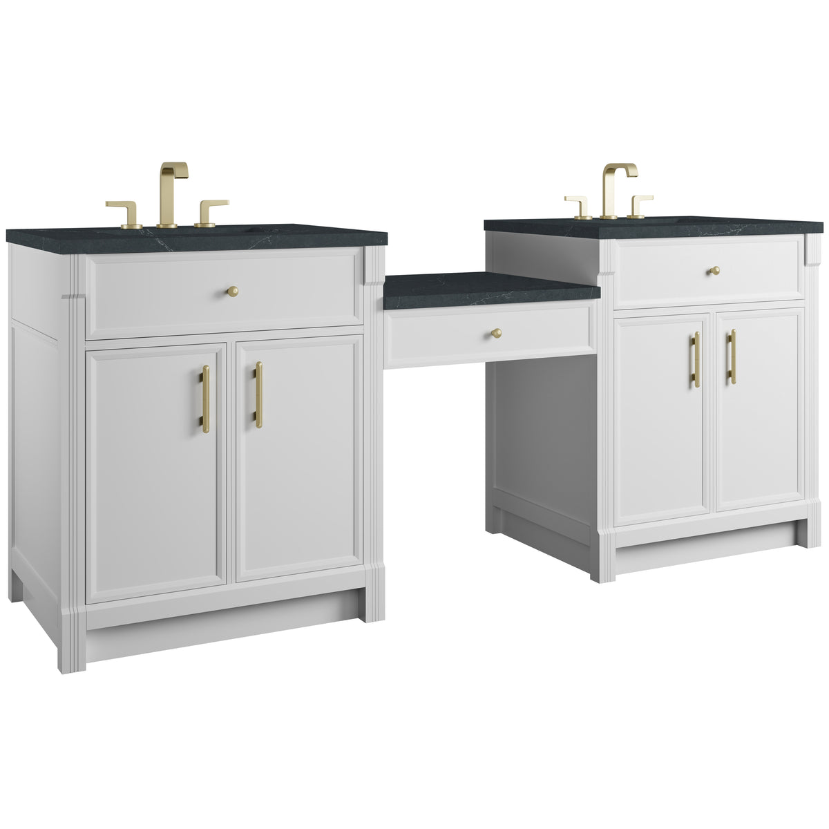 James Martin Vanities Bellshire 84" Bright White Dual Vanity Set With 3 cm Charcoal Soapstone Silestone Top and 24" Make-Up Counter