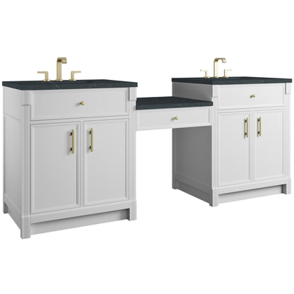 James Martin Vanities Bellshire 84" Bright White Dual Vanity Set With 3 cm Charcoal Soapstone Silestone Top and 24" Make-Up Counter