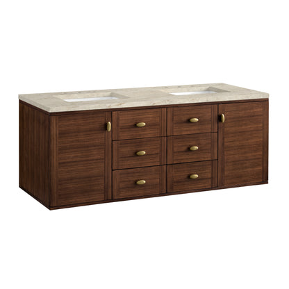 James Martin Vanities Amberly 60" Mid-Century Walnut Double Vanity With 3 CM Tajnar Eclos Top