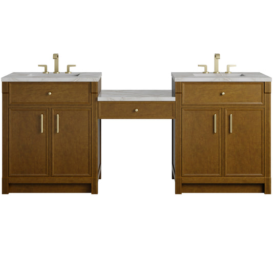 James Martin Vanities Bellshire 84" Honey Oak Dual Vanity Set With 3 cm Victorian Silver Silestone Top and 24" Make-Up Counter