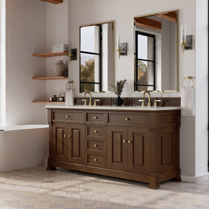 James Martin Vanities Brookfield 72" Honey Oak Double Vanity With 3 CM Siberian Silestone Top and FreePower Wireless Charger