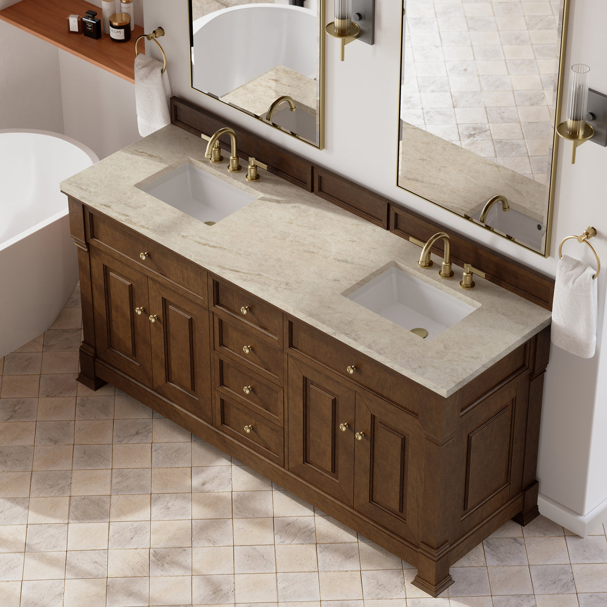 James Martin Vanities Brookfield 72" Honey Oak Double Vanity With 3 CM Tajnar Eclos Top