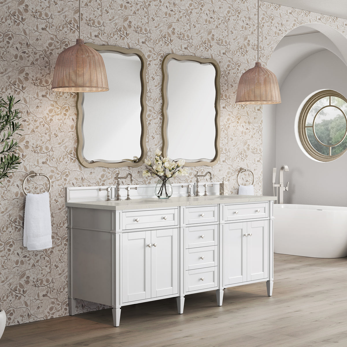 James Martin Vanities Brittany 72" Bright White Double Vanity With 3 CM Siberian Silestone Top and FreePower Wireless Charger
