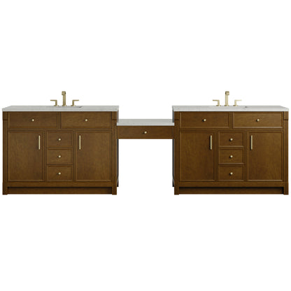 James Martin Vanities Bellshire 120" Honey Oak Dual Vanity Set With 3 cm Lime Delight Silestone Top and 24" Make-Up Counter