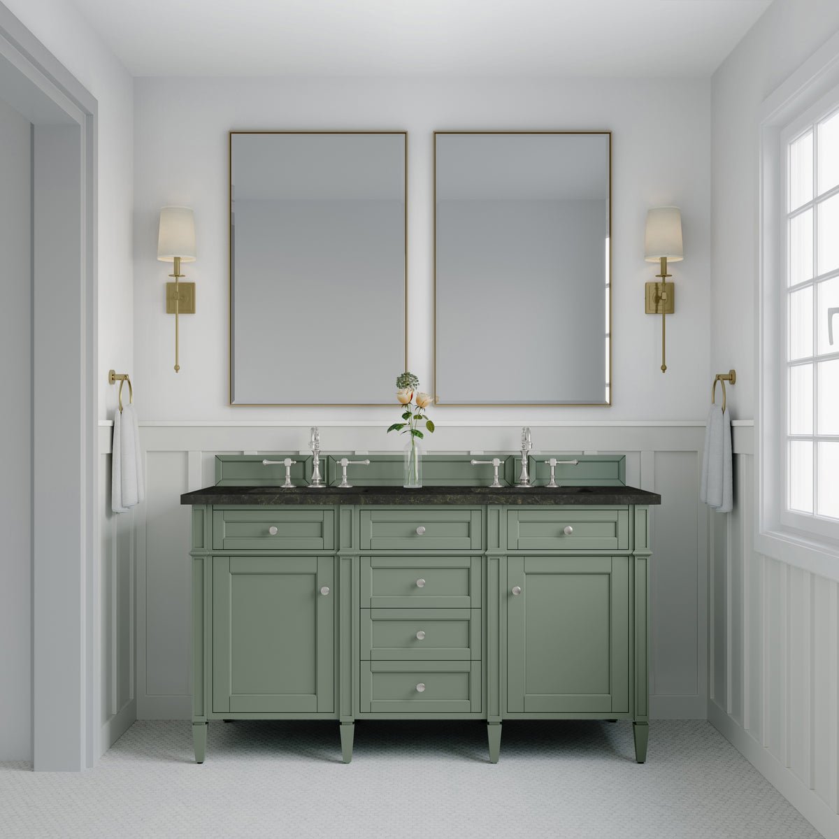 James Martin Vanities Brittany 60" Smokey Celadon Double Vanity With 3 CM Phantome Eclos Top