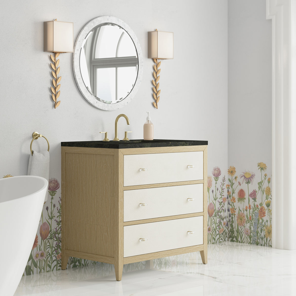 James Martin Vanities Celeste 36" Sunwashed Oak with Embossed Shagreen Single Vanity With 3 CM Phantome Eclos Top