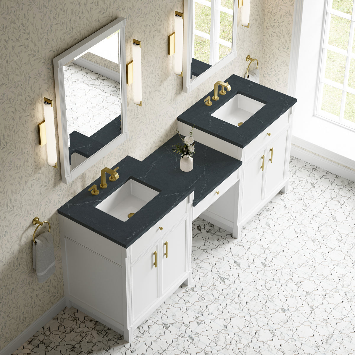 James Martin Vanities Bellshire 84" Bright White Dual Vanity Set With 3 cm Charcoal Soapstone Silestone Top and 24" Make-Up Counter