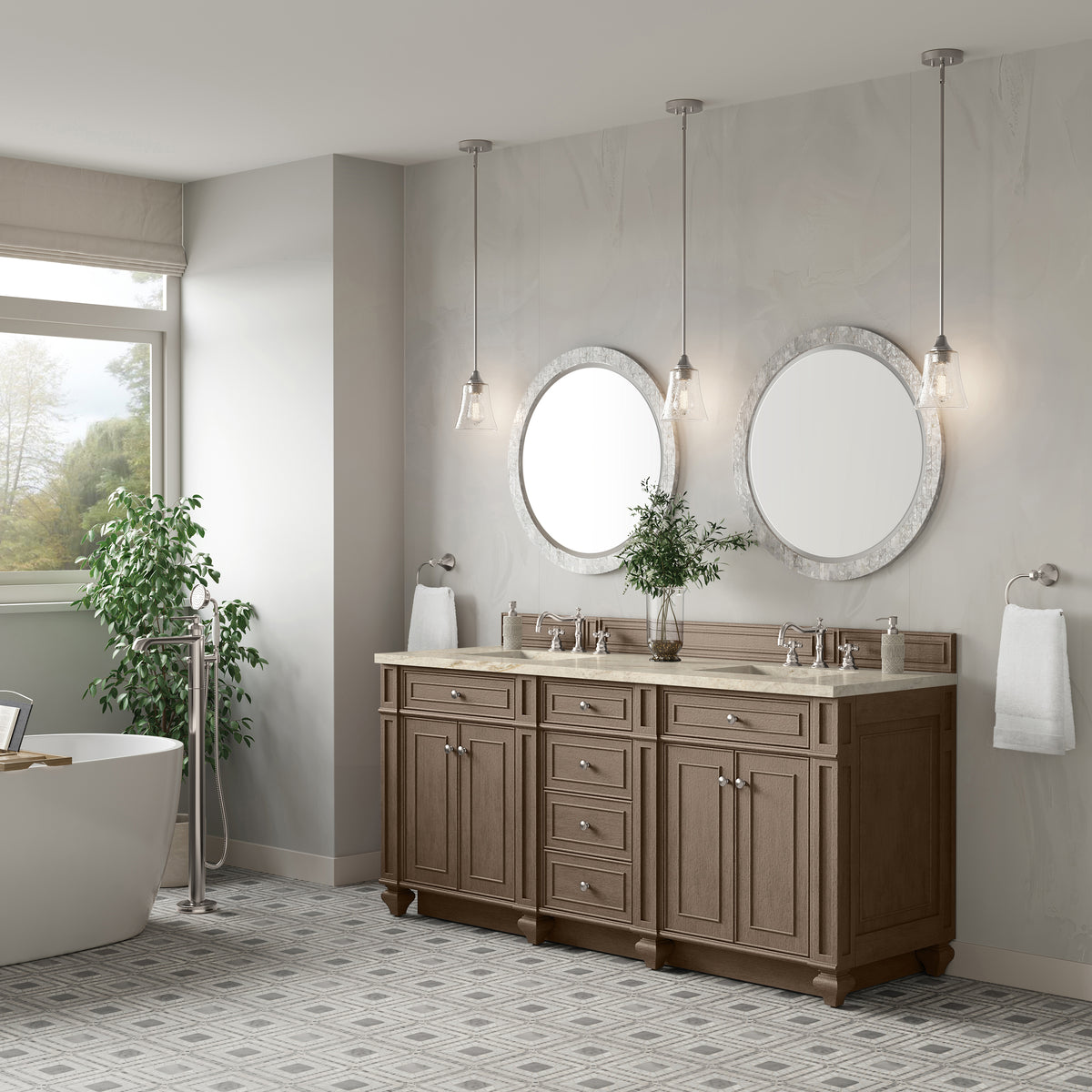 James Martin Vanities Bristol 72" Whitewashed Walnut Double Vanity With 3 CM Tajnar Eclos Top and FreePower Wireless Charger