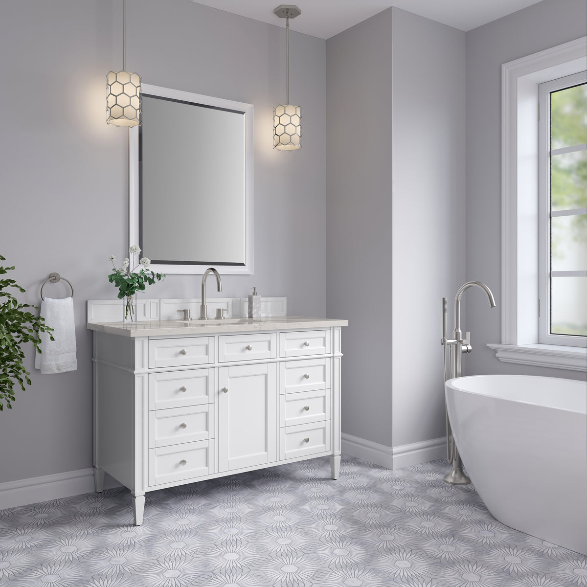 James Martin Vanities Brittany 48" Bright White Single Vanity With 3 CM Siberian Silestone Top