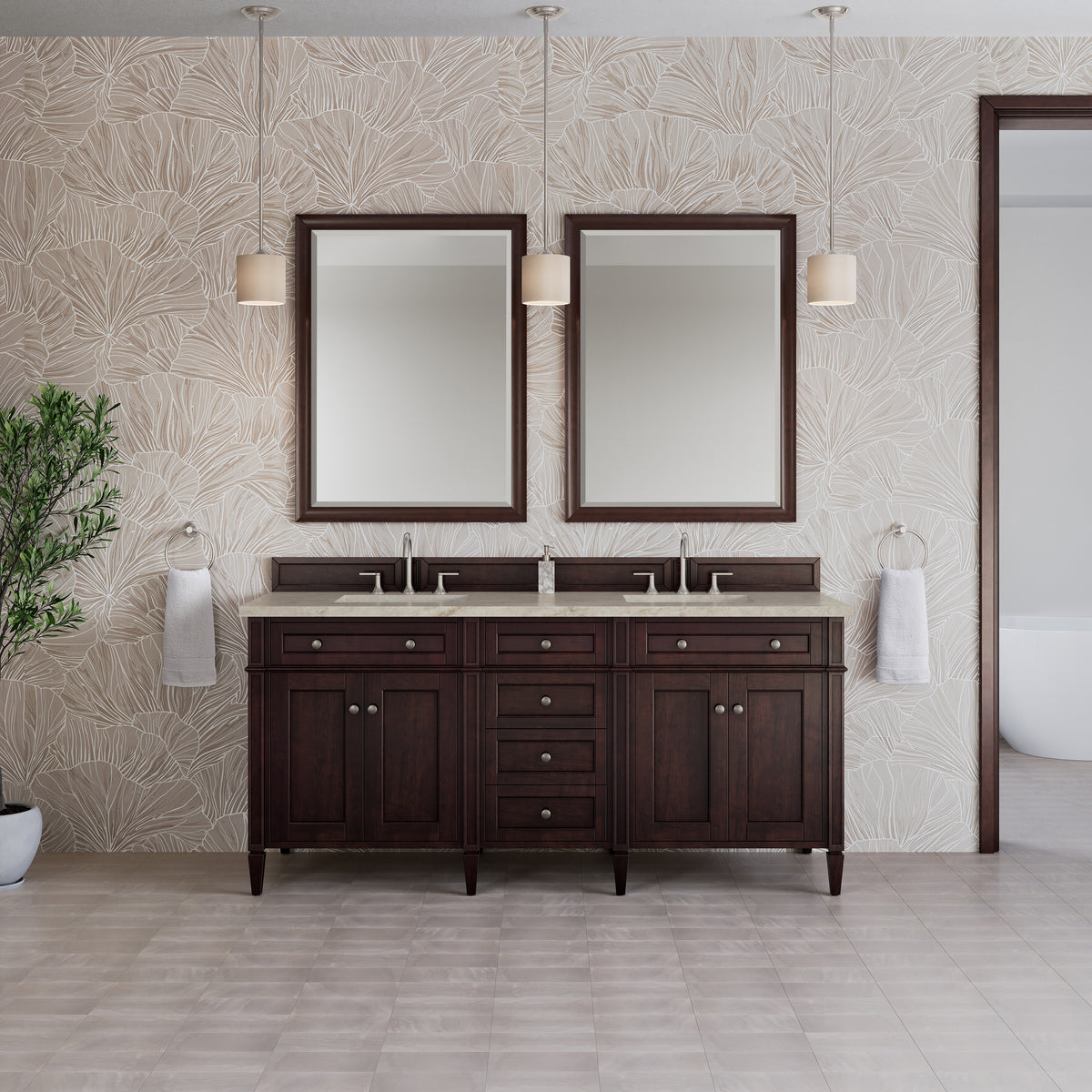 James Martin Vanities Brittany 72" Burnished Mahogany Double Vanity With 3 CM Tajnar Eclos Top and FreePower Wireless Charger