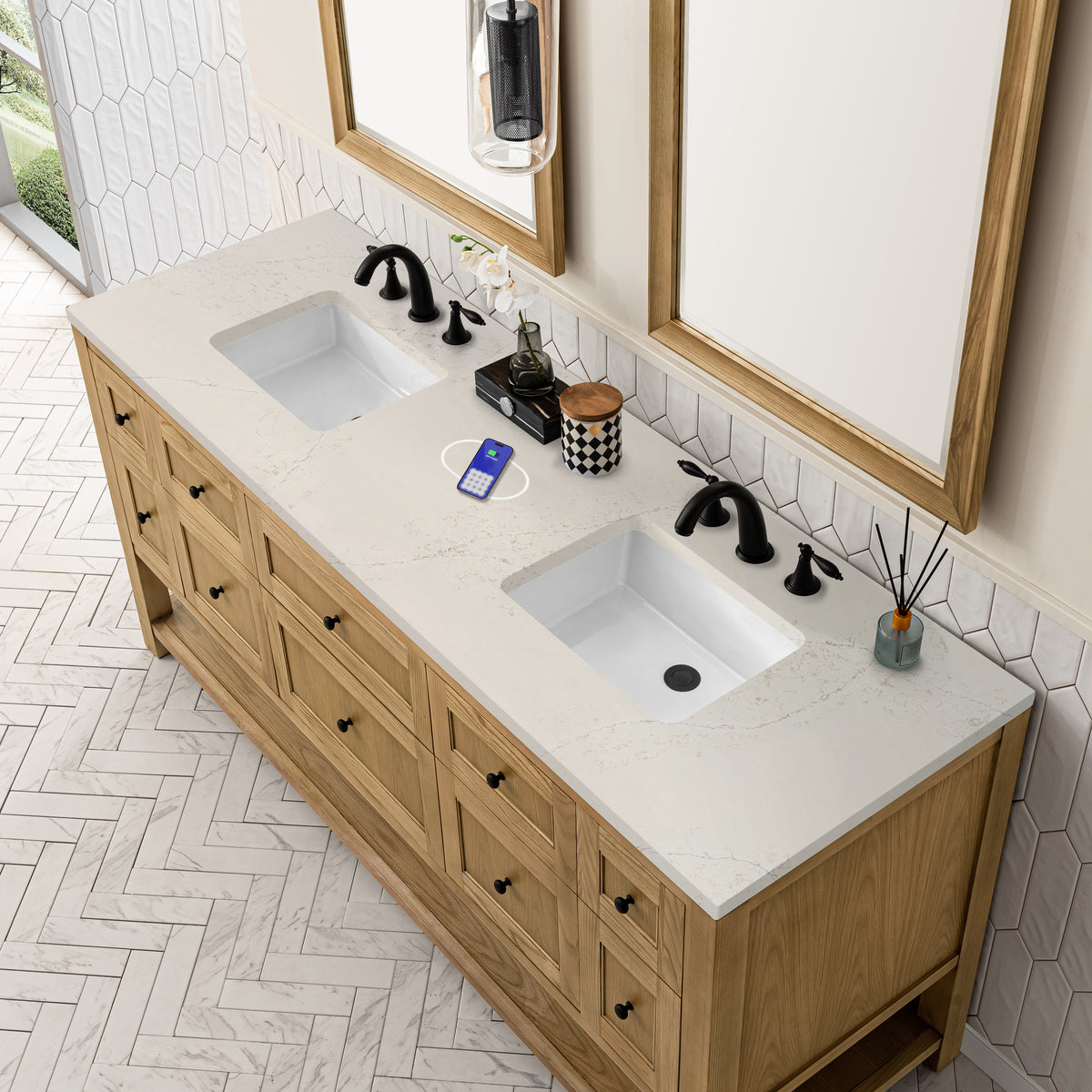 James Martin Vanities Breckenridge 72" Light Natural Oak Double Vanity With 3cm Siberian Silestone Top and FreePower Wireless Charger