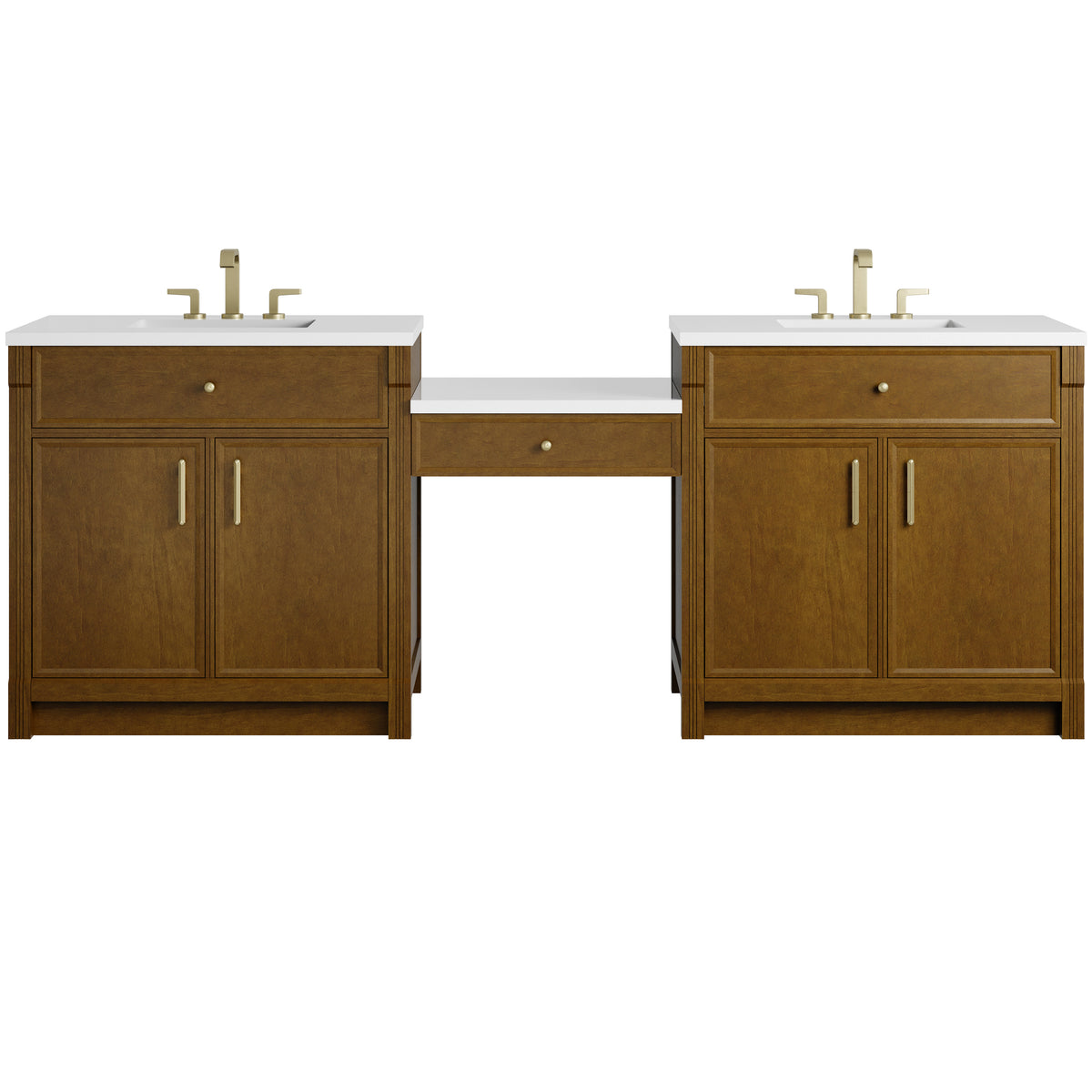 James Martin Vanities Bellshire 96" Honey Oak Dual Vanity Set With 3 cm White Zeus Silestone Top and 24" Make-Up Counter
