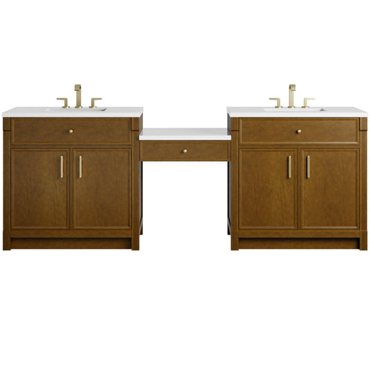 James Martin Vanities Bellshire 96" Honey Oak Dual Vanity Set With 3 cm White Zeus Silestone Top and 24" Make-Up Counter