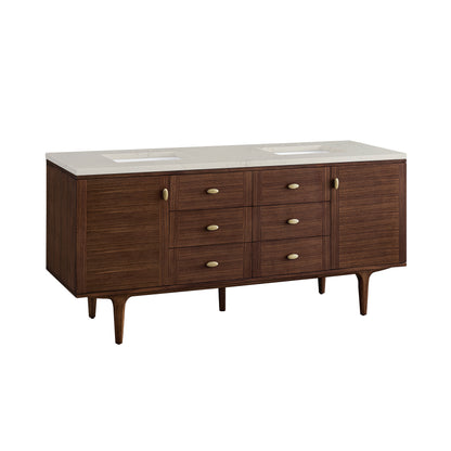 James Martin Vanities Amberly 72" Mid-Century Walnut Double Vanity With 3 CM Siberian Silestone Top