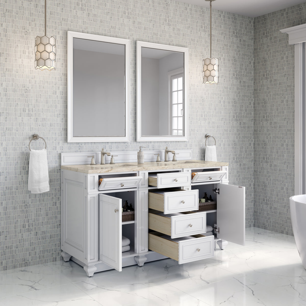 James Martin Vanities Bristol 60" Bright White Double Vanity With 3 CM Tajnar Eclos Top