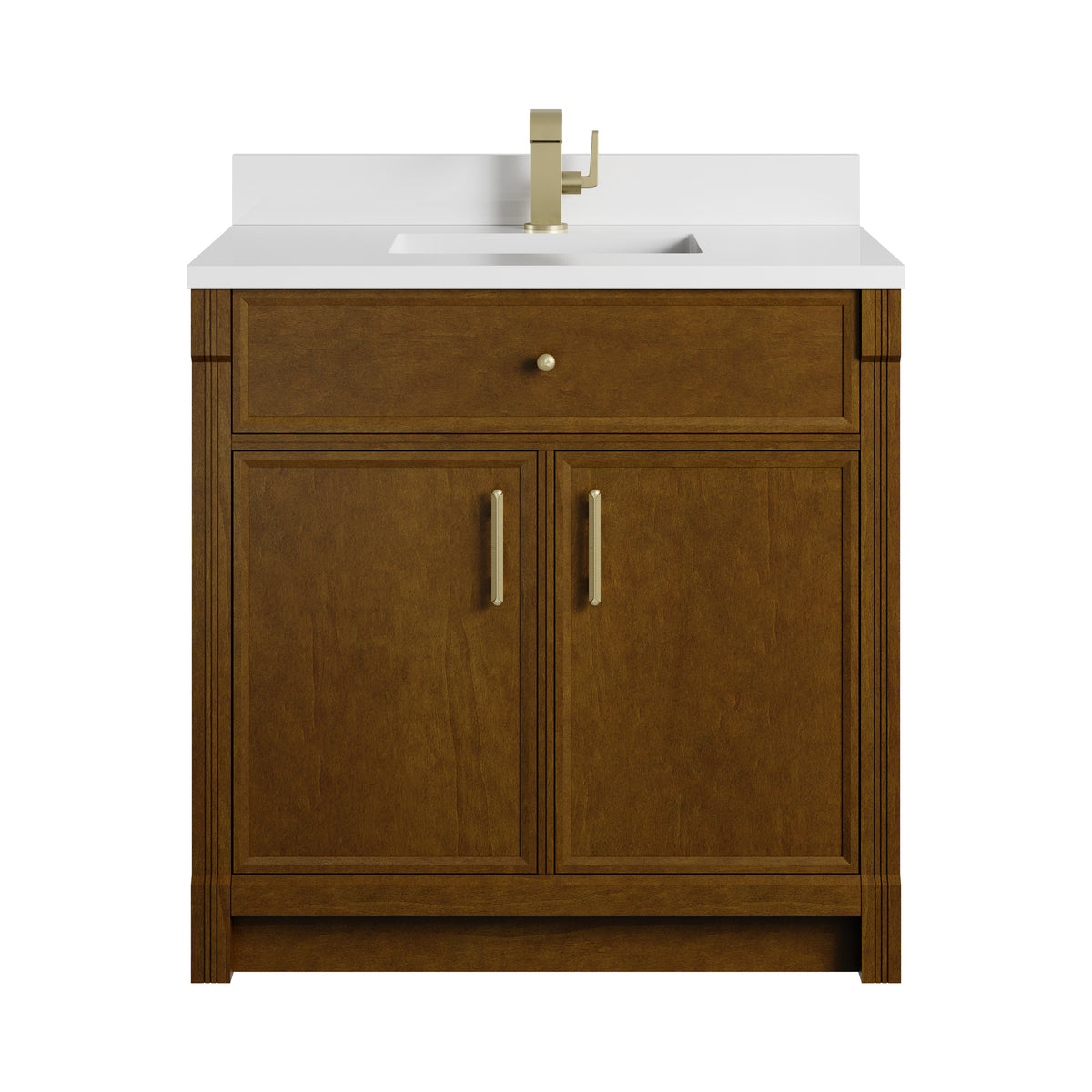 James Martin Vanities Bellshire 36" Honey Oak Single Vanity With Single Hole 3 CM White Zeus Silestone Top and Matching Backsplash