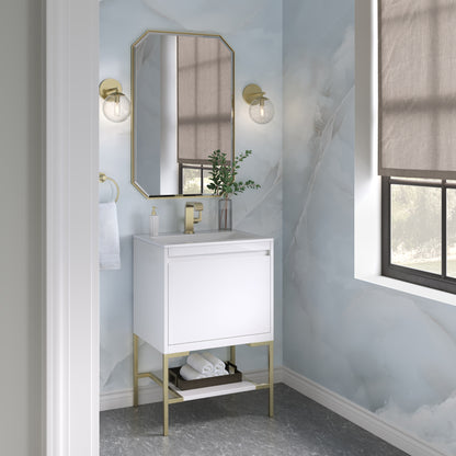 James Martin Vanities Mantova 23.6" Glossy White and Champagne Brass Base Single Vanity With Glossy White Composite Stone Top