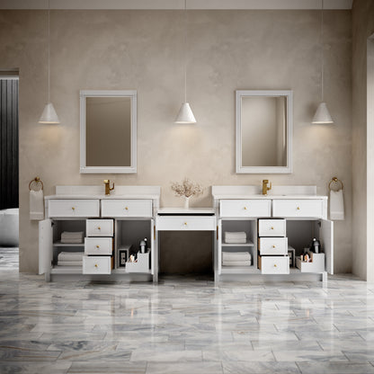 James Martin Vanities Bellshire 120" Bright White Dual Vanity Set With Single Hole 3 cm White Zeus Silestone Top, Backsplash and 24" Make-Up Counter